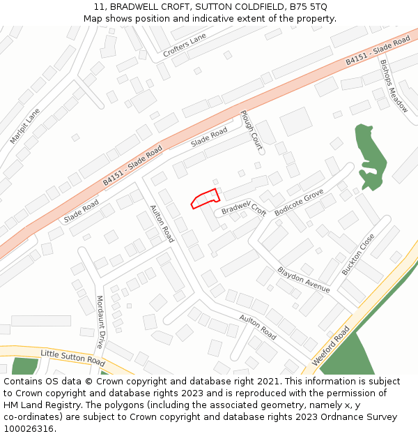 11, BRADWELL CROFT, SUTTON COLDFIELD, B75 5TQ: Location map and indicative extent of plot