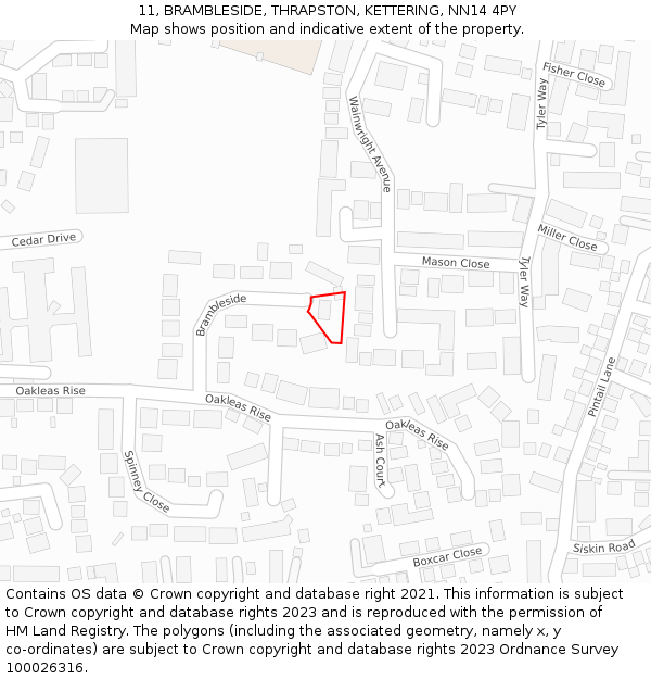 11, BRAMBLESIDE, THRAPSTON, KETTERING, NN14 4PY: Location map and indicative extent of plot