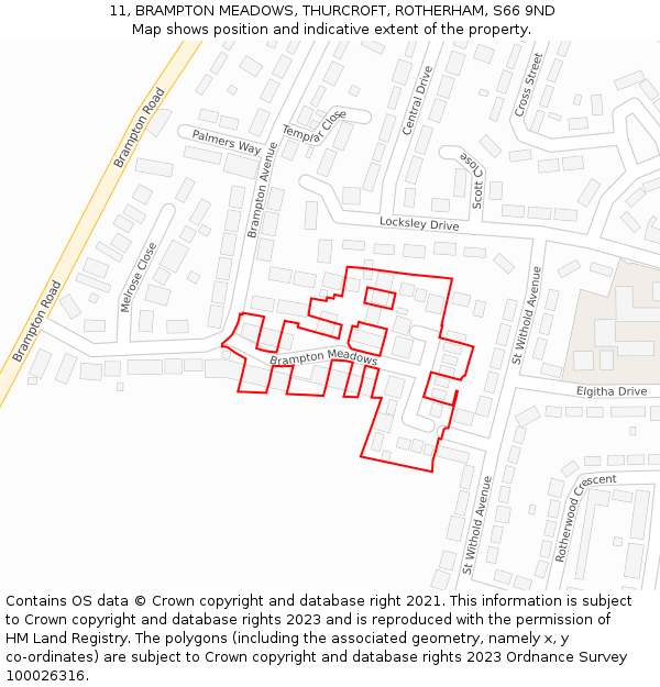 11, BRAMPTON MEADOWS, THURCROFT, ROTHERHAM, S66 9ND: Location map and indicative extent of plot