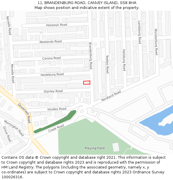 11, BRANDENBURG ROAD, CANVEY ISLAND, SS8 8HA: Location map and indicative extent of plot