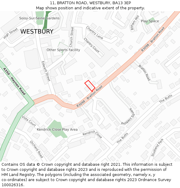 11, BRATTON ROAD, WESTBURY, BA13 3EP: Location map and indicative extent of plot