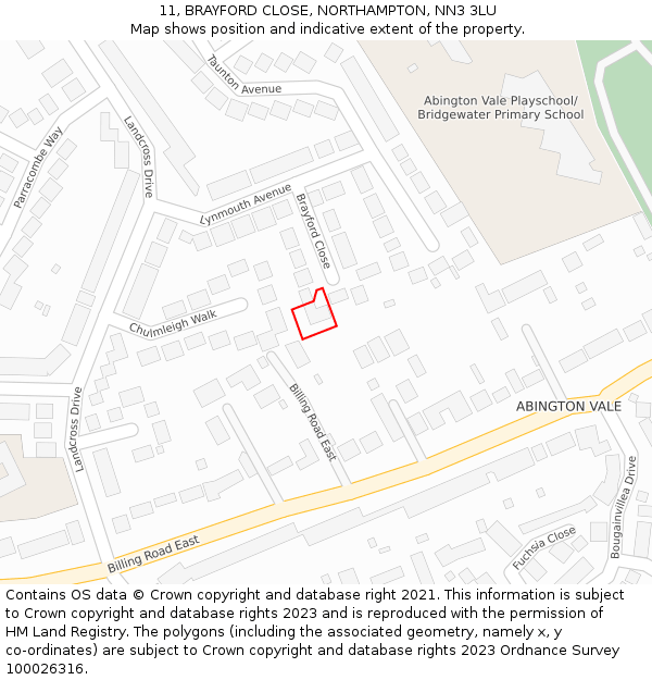 11, BRAYFORD CLOSE, NORTHAMPTON, NN3 3LU: Location map and indicative extent of plot