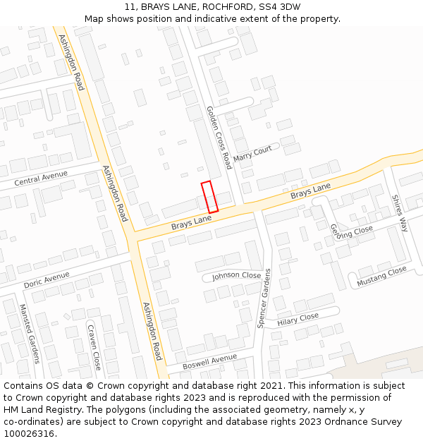 11, BRAYS LANE, ROCHFORD, SS4 3DW: Location map and indicative extent of plot