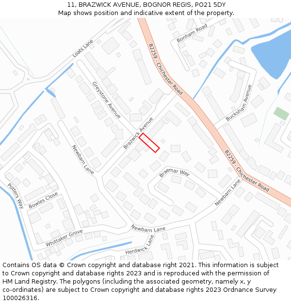 11, BRAZWICK AVENUE, BOGNOR REGIS, PO21 5DY: Location map and indicative extent of plot