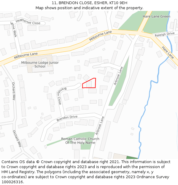 11, BRENDON CLOSE, ESHER, KT10 9EH: Location map and indicative extent of plot