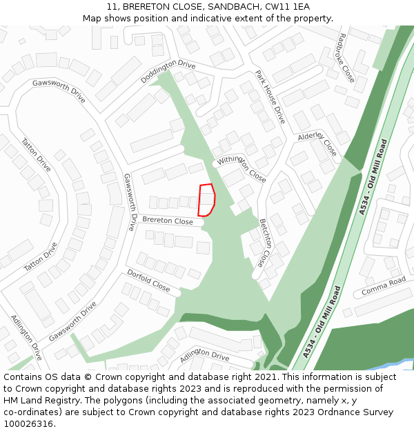 11, BRERETON CLOSE, SANDBACH, CW11 1EA: Location map and indicative extent of plot