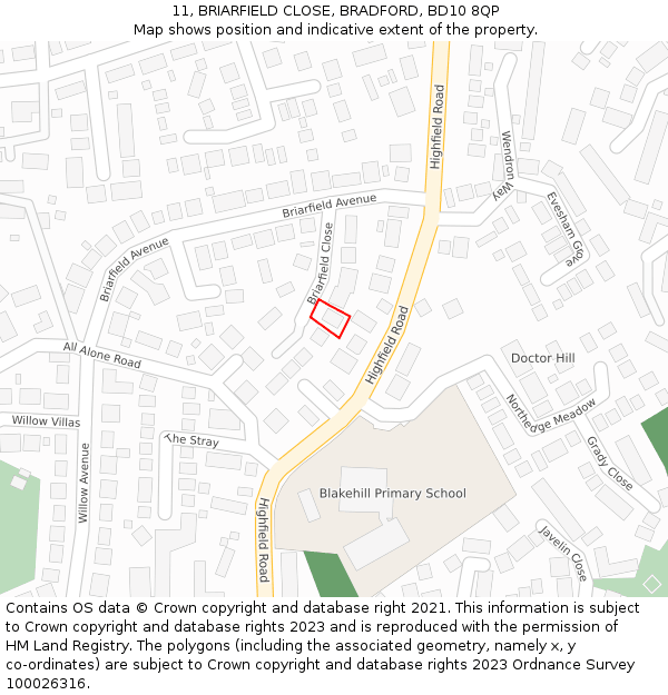 11, BRIARFIELD CLOSE, BRADFORD, BD10 8QP: Location map and indicative extent of plot