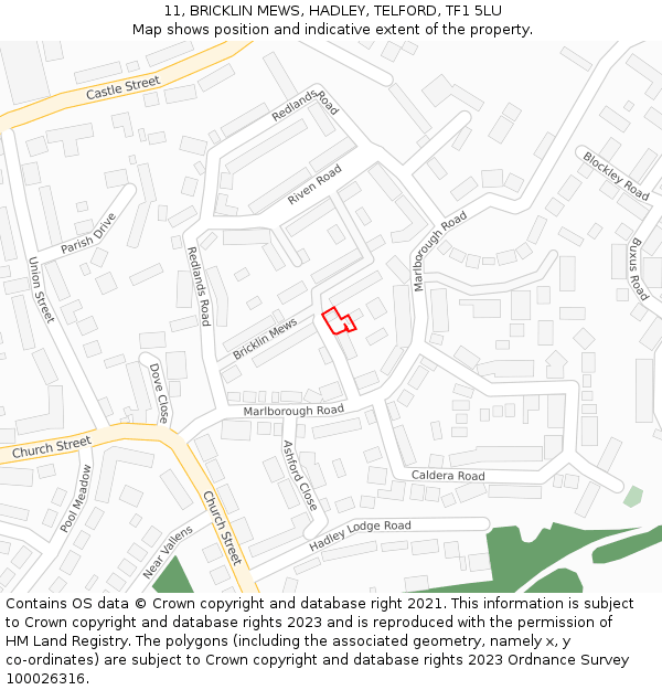 11, BRICKLIN MEWS, HADLEY, TELFORD, TF1 5LU: Location map and indicative extent of plot