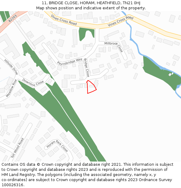 11, BRIDGE CLOSE, HORAM, HEATHFIELD, TN21 0HJ: Location map and indicative extent of plot