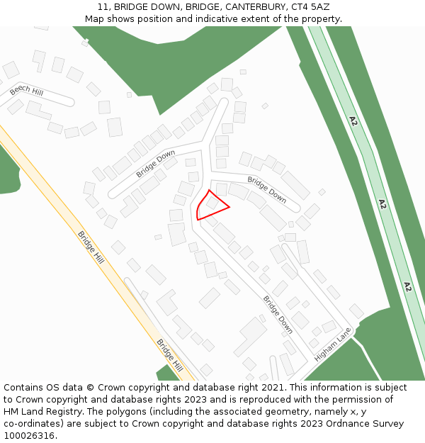 11, BRIDGE DOWN, BRIDGE, CANTERBURY, CT4 5AZ: Location map and indicative extent of plot