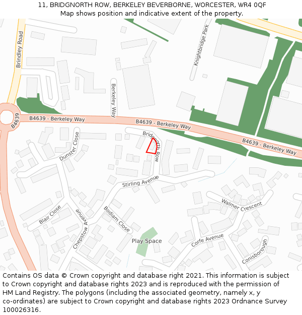 11, BRIDGNORTH ROW, BERKELEY BEVERBORNE, WORCESTER, WR4 0QF: Location map and indicative extent of plot