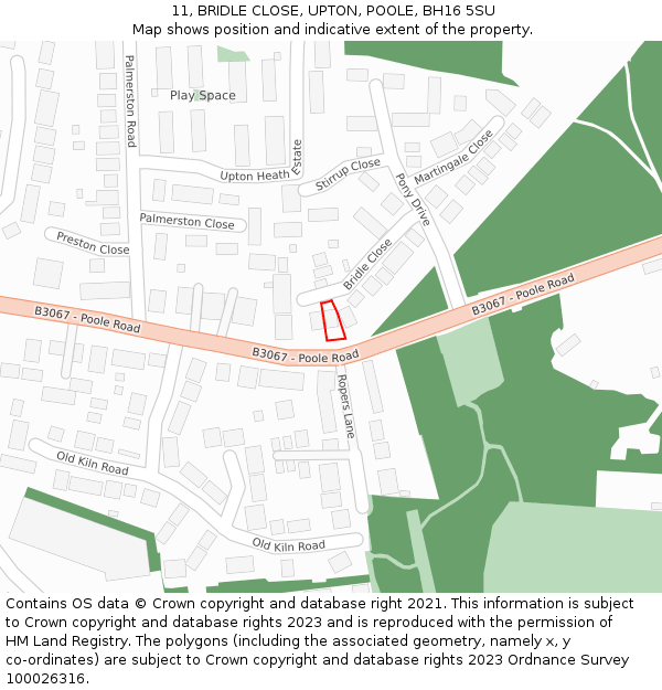 11, BRIDLE CLOSE, UPTON, POOLE, BH16 5SU: Location map and indicative extent of plot