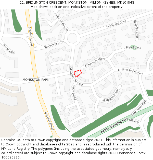11, BRIDLINGTON CRESCENT, MONKSTON, MILTON KEYNES, MK10 9HG: Location map and indicative extent of plot