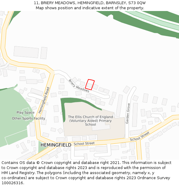 11, BRIERY MEADOWS, HEMINGFIELD, BARNSLEY, S73 0QW: Location map and indicative extent of plot