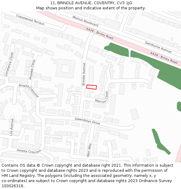 11, BRINDLE AVENUE, COVENTRY, CV3 1JG: Location map and indicative extent of plot