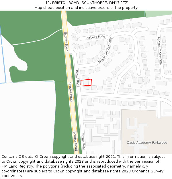 11, BRISTOL ROAD, SCUNTHORPE, DN17 1TZ: Location map and indicative extent of plot