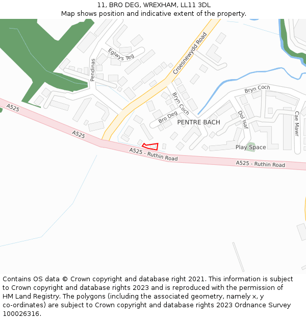 11, BRO DEG, WREXHAM, LL11 3DL: Location map and indicative extent of plot