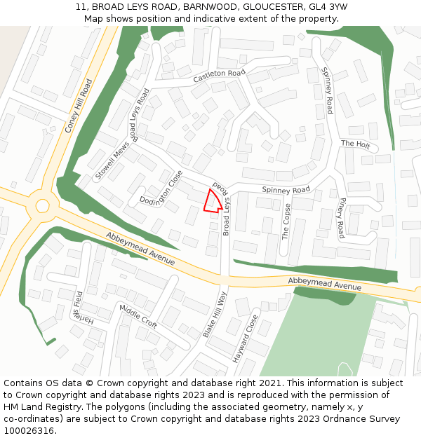 11, BROAD LEYS ROAD, BARNWOOD, GLOUCESTER, GL4 3YW: Location map and indicative extent of plot