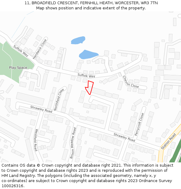 11, BROADFIELD CRESCENT, FERNHILL HEATH, WORCESTER, WR3 7TN: Location map and indicative extent of plot