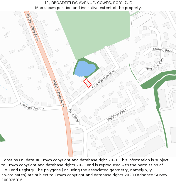 11, BROADFIELDS AVENUE, COWES, PO31 7UD: Location map and indicative extent of plot