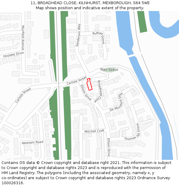 11, BROADHEAD CLOSE, KILNHURST, MEXBOROUGH, S64 5WE: Location map and indicative extent of plot
