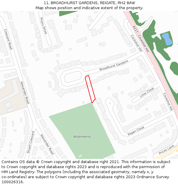 11, BROADHURST GARDENS, REIGATE, RH2 8AW: Location map and indicative extent of plot