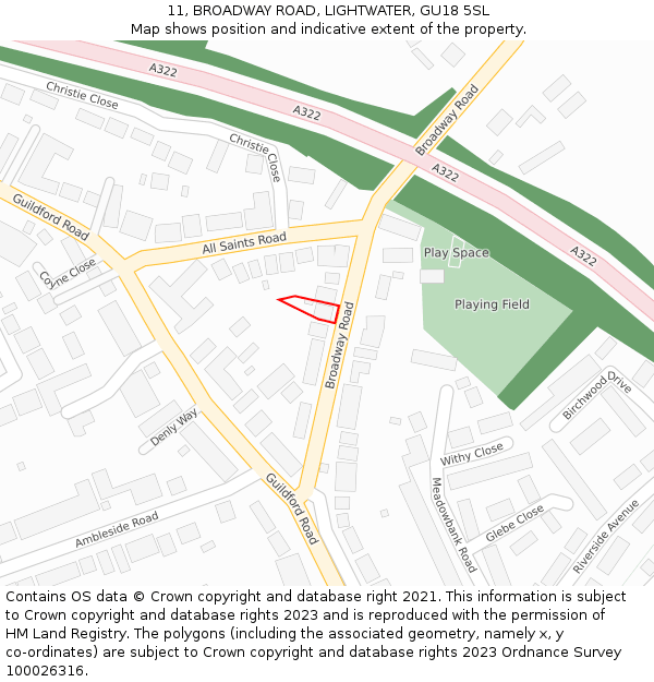 11, BROADWAY ROAD, LIGHTWATER, GU18 5SL: Location map and indicative extent of plot