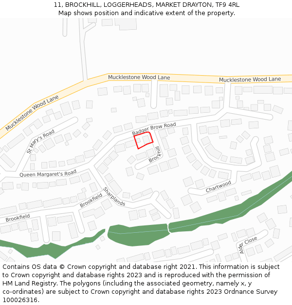 11, BROCKHILL, LOGGERHEADS, MARKET DRAYTON, TF9 4RL: Location map and indicative extent of plot