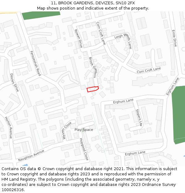 11, BROOK GARDENS, DEVIZES, SN10 2FX: Location map and indicative extent of plot