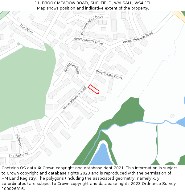 11, BROOK MEADOW ROAD, SHELFIELD, WALSALL, WS4 1TL: Location map and indicative extent of plot