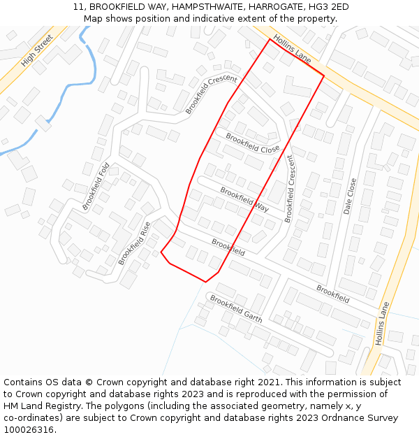 11, BROOKFIELD WAY, HAMPSTHWAITE, HARROGATE, HG3 2ED: Location map and indicative extent of plot