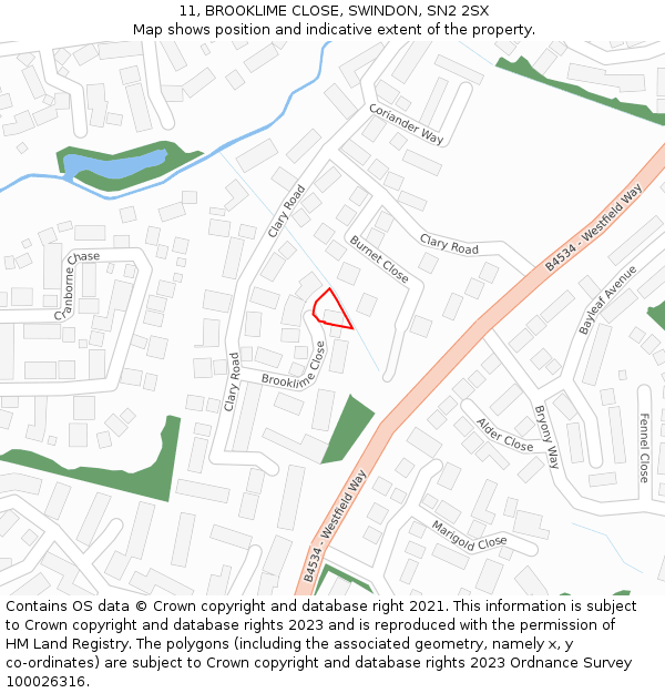 11, BROOKLIME CLOSE, SWINDON, SN2 2SX: Location map and indicative extent of plot