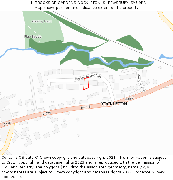 11, BROOKSIDE GARDENS, YOCKLETON, SHREWSBURY, SY5 9PR: Location map and indicative extent of plot
