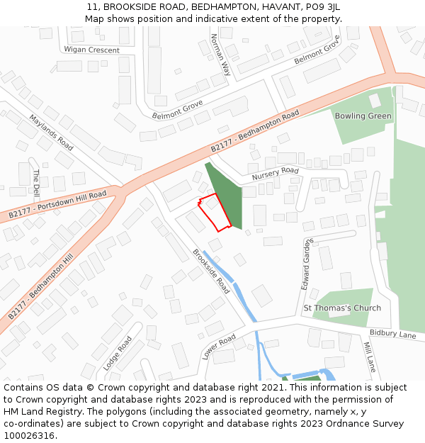 11, BROOKSIDE ROAD, BEDHAMPTON, HAVANT, PO9 3JL: Location map and indicative extent of plot