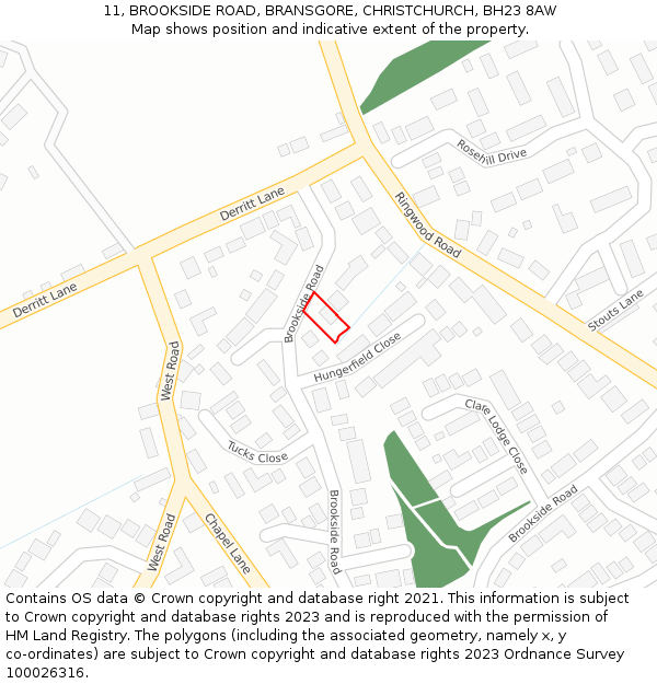 11, BROOKSIDE ROAD, BRANSGORE, CHRISTCHURCH, BH23 8AW: Location map and indicative extent of plot