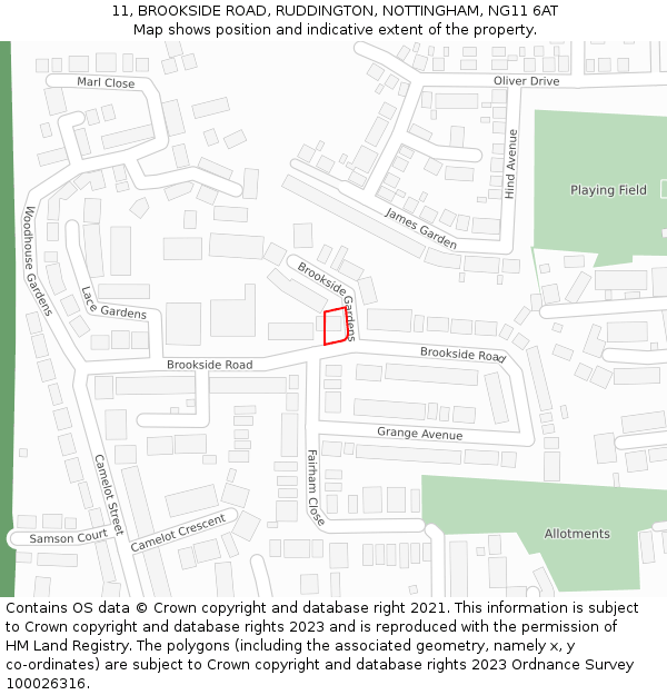 11, BROOKSIDE ROAD, RUDDINGTON, NOTTINGHAM, NG11 6AT: Location map and indicative extent of plot