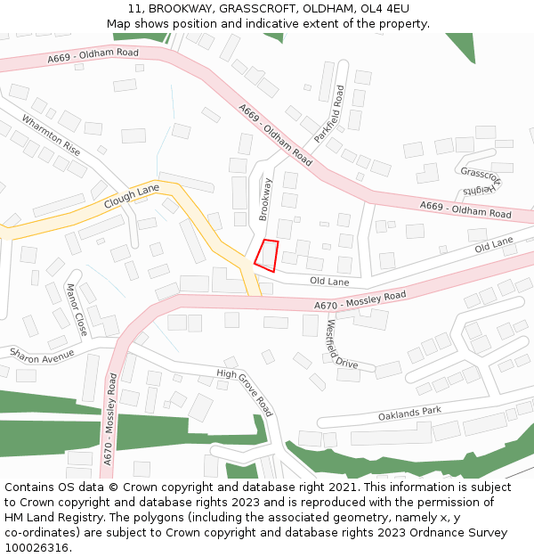 11, BROOKWAY, GRASSCROFT, OLDHAM, OL4 4EU: Location map and indicative extent of plot