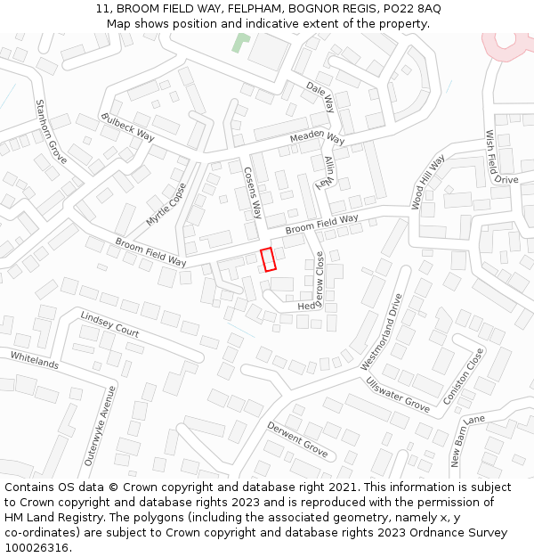 11, BROOM FIELD WAY, FELPHAM, BOGNOR REGIS, PO22 8AQ: Location map and indicative extent of plot