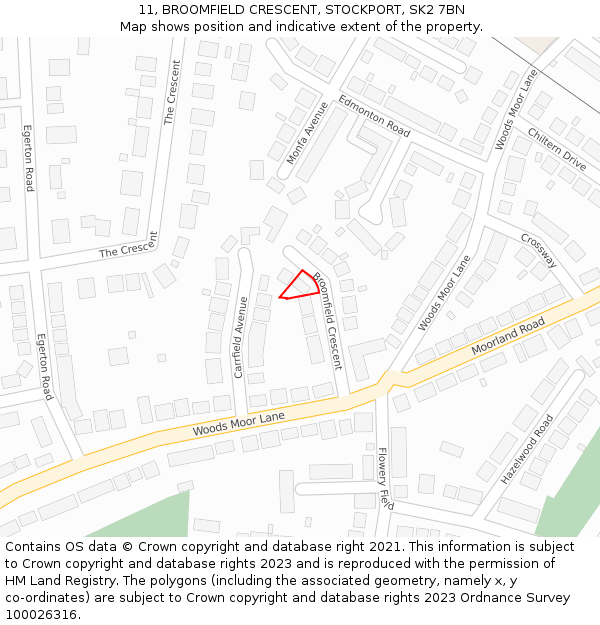 11, BROOMFIELD CRESCENT, STOCKPORT, SK2 7BN: Location map and indicative extent of plot