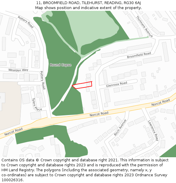 11, BROOMFIELD ROAD, TILEHURST, READING, RG30 6AJ: Location map and indicative extent of plot