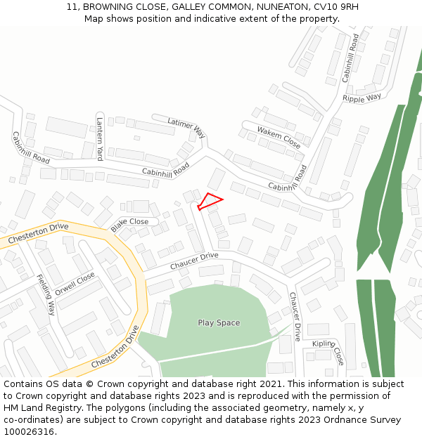 11, BROWNING CLOSE, GALLEY COMMON, NUNEATON, CV10 9RH: Location map and indicative extent of plot