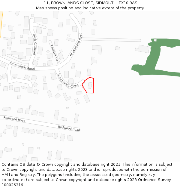 11, BROWNLANDS CLOSE, SIDMOUTH, EX10 9AS: Location map and indicative extent of plot