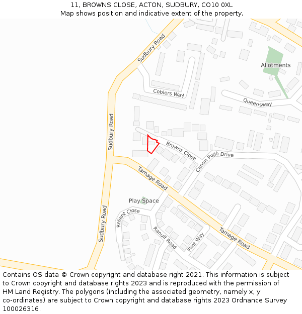 11, BROWNS CLOSE, ACTON, SUDBURY, CO10 0XL: Location map and indicative extent of plot