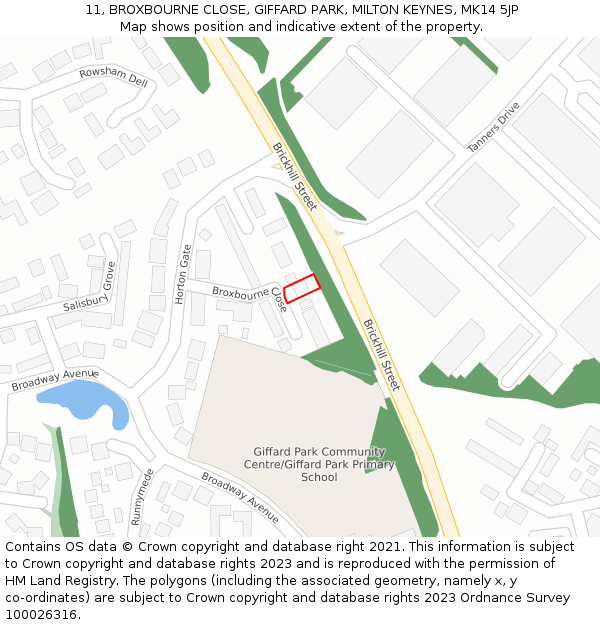 11, BROXBOURNE CLOSE, GIFFARD PARK, MILTON KEYNES, MK14 5JP: Location map and indicative extent of plot
