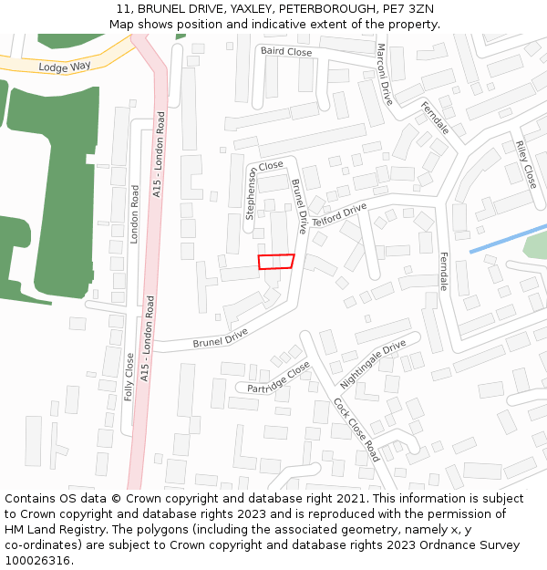 11, BRUNEL DRIVE, YAXLEY, PETERBOROUGH, PE7 3ZN: Location map and indicative extent of plot