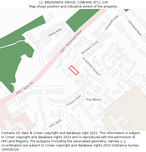11, BRUNSWICK GROVE, COBHAM, KT11 1HP: Location map and indicative extent of plot