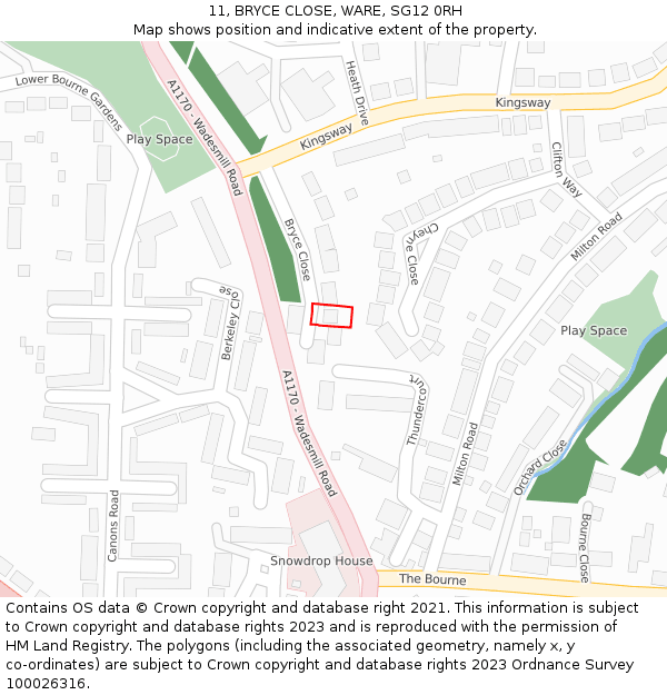 11, BRYCE CLOSE, WARE, SG12 0RH: Location map and indicative extent of plot