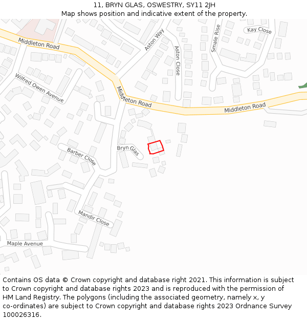 11, BRYN GLAS, OSWESTRY, SY11 2JH: Location map and indicative extent of plot