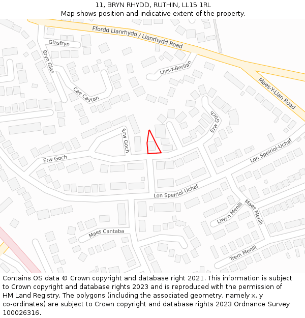 11, BRYN RHYDD, RUTHIN, LL15 1RL: Location map and indicative extent of plot