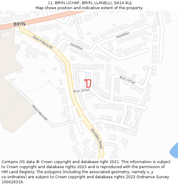 11, BRYN UCHAF, BRYN, LLANELLI, SA14 9UJ: Location map and indicative extent of plot